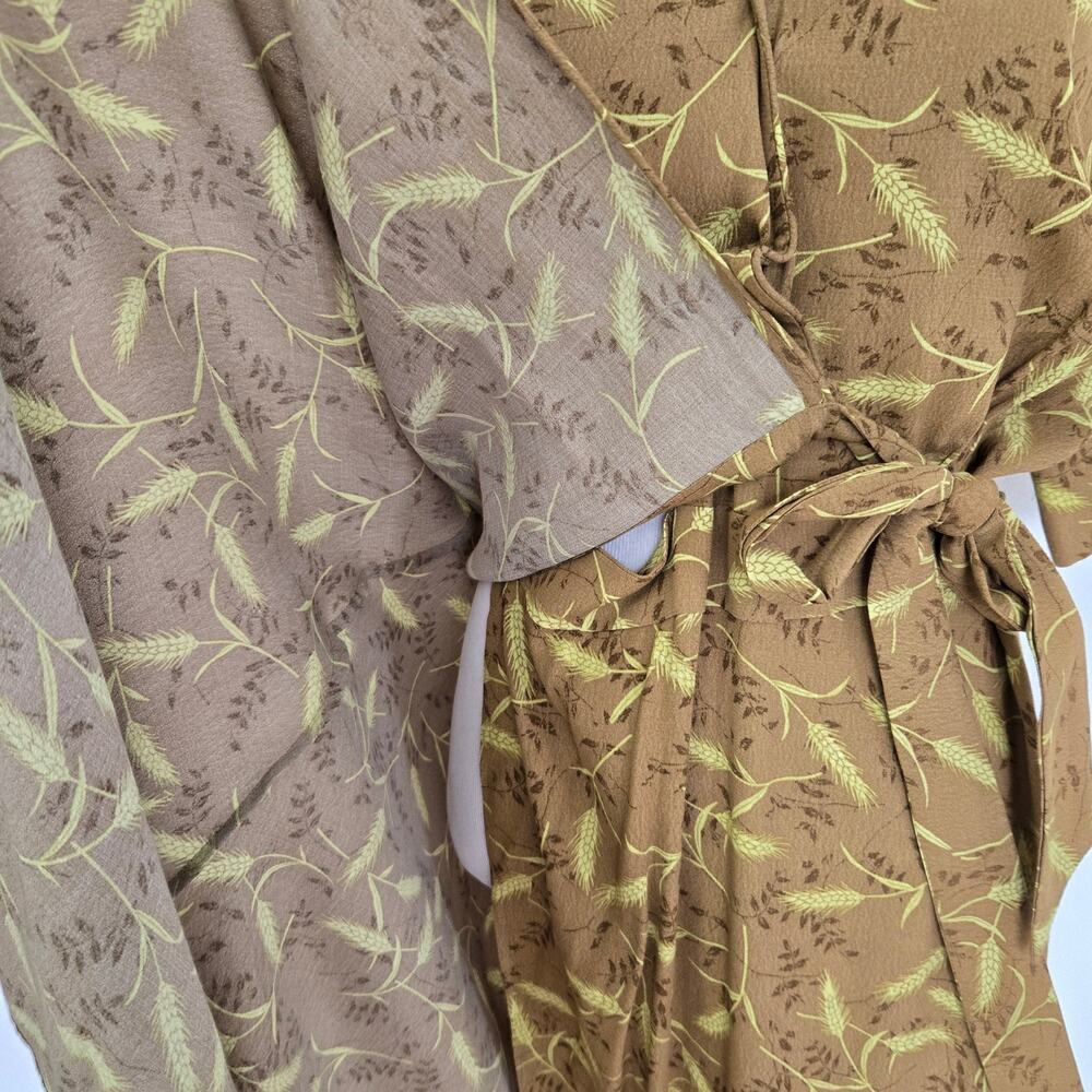& Other Stories Novelty Wheat Print Midi Dress Faux Wrap Brown Belted Women 6 - Picture 6 of 12